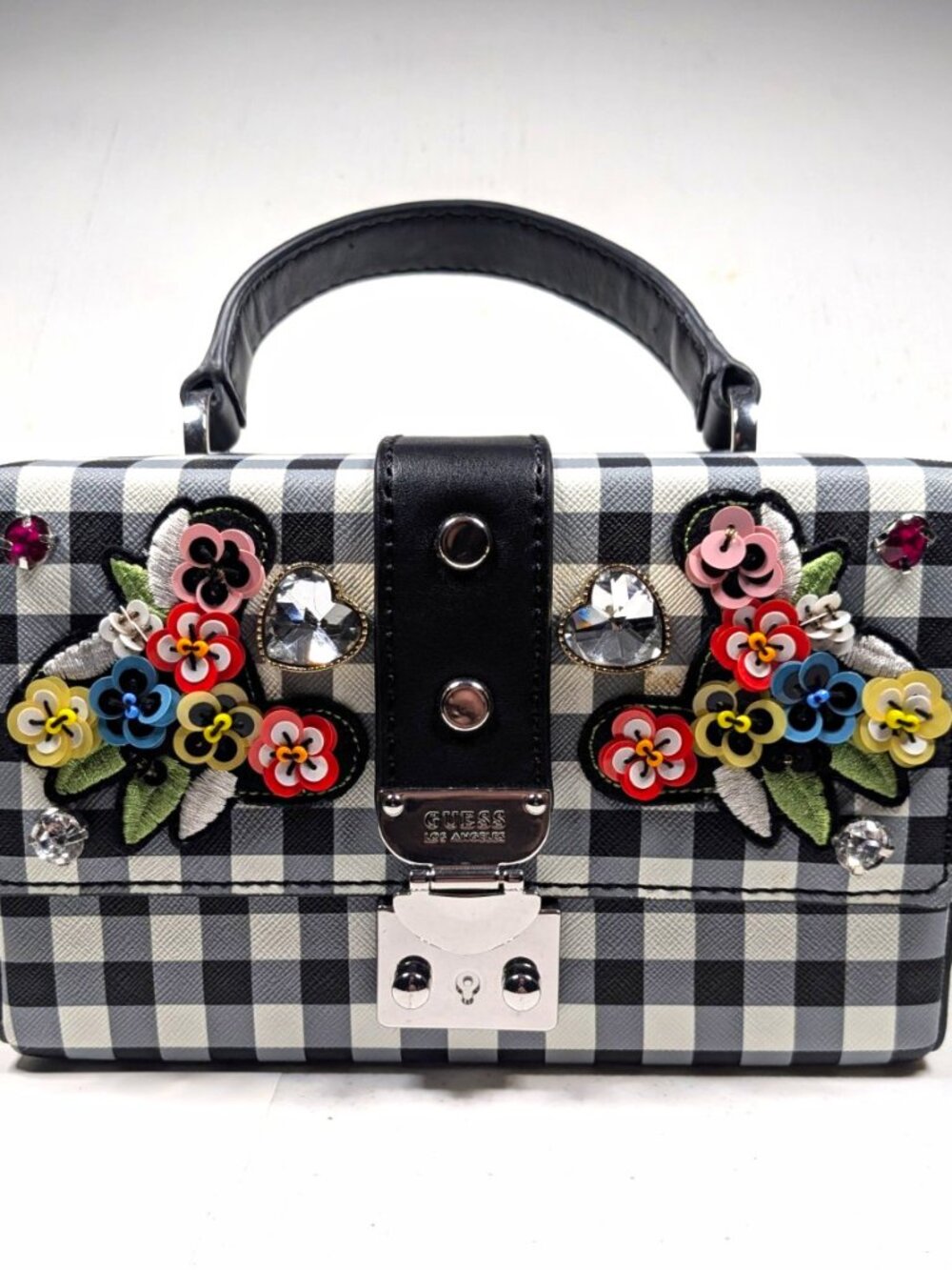 GUESS Gingham Box Bag Black White Floral Applique Rhinestone Top Handle Satchel